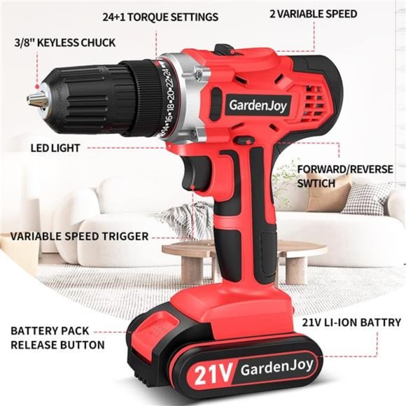 Cordless Power Drill Set: 21V Electric Drill with Fast Charger 3/8-Inch Keyless - Picture 2 of 5